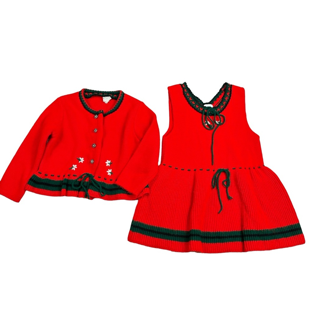 Vintage 70s Knit Holiday Red Green Dress and Cardigan Sweater 2 Piece Set US 4